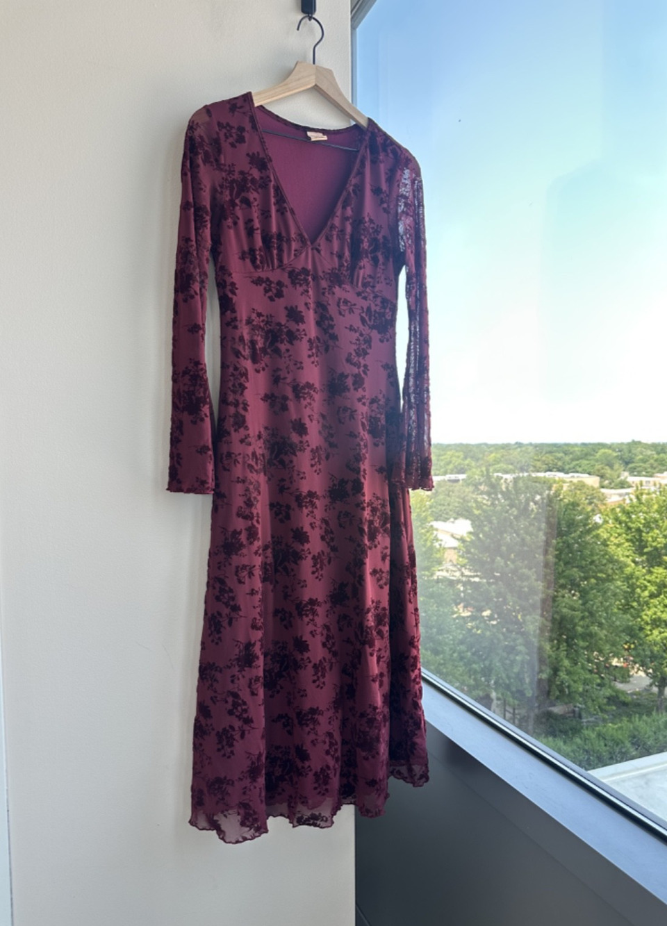 Y2K Burgundy Floral Flocked Mesh Maxi Dress